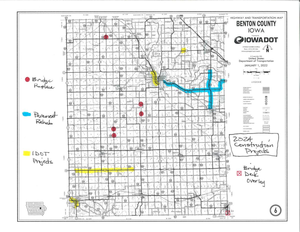 This map shows the proposed plans for roads and bridges in Benton County for 2024 