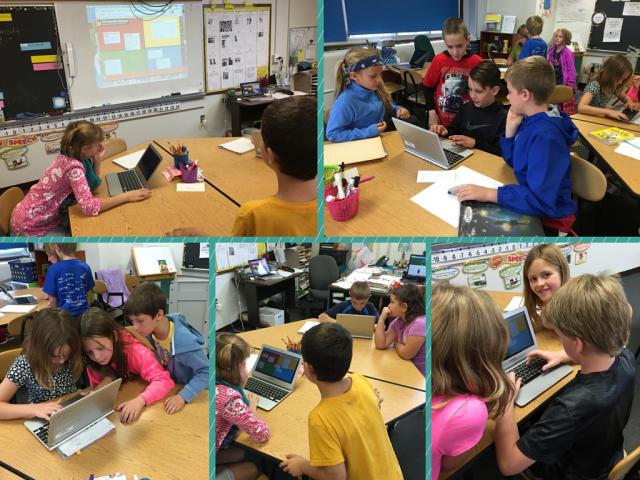 This collage of photos shows Mrs. Patterson's class working on their 'Be a Famous Writer' stories.