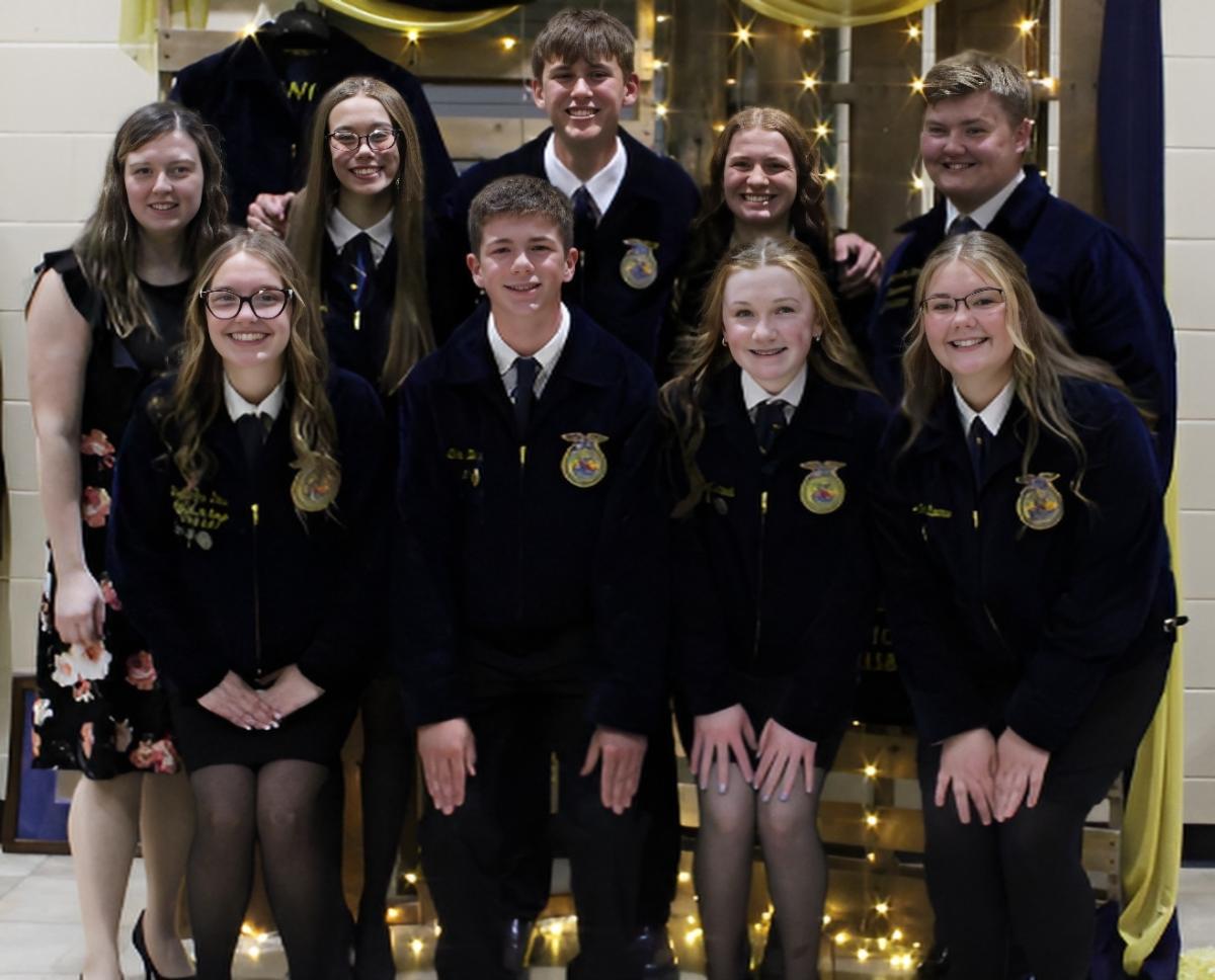 2025-26 officer team: (Top Left) Advisor, Gabby Power, Secretary Sophia Newton, Treasurer Levi Lutz, Vice-President Ciara Dods, President Will McKenna, (Bottom Left) Co-Reporter Bri Dulin, Officer at Large Cole Birker, Sentinel Zoey McClintock, Co-Reporte. Click to read article