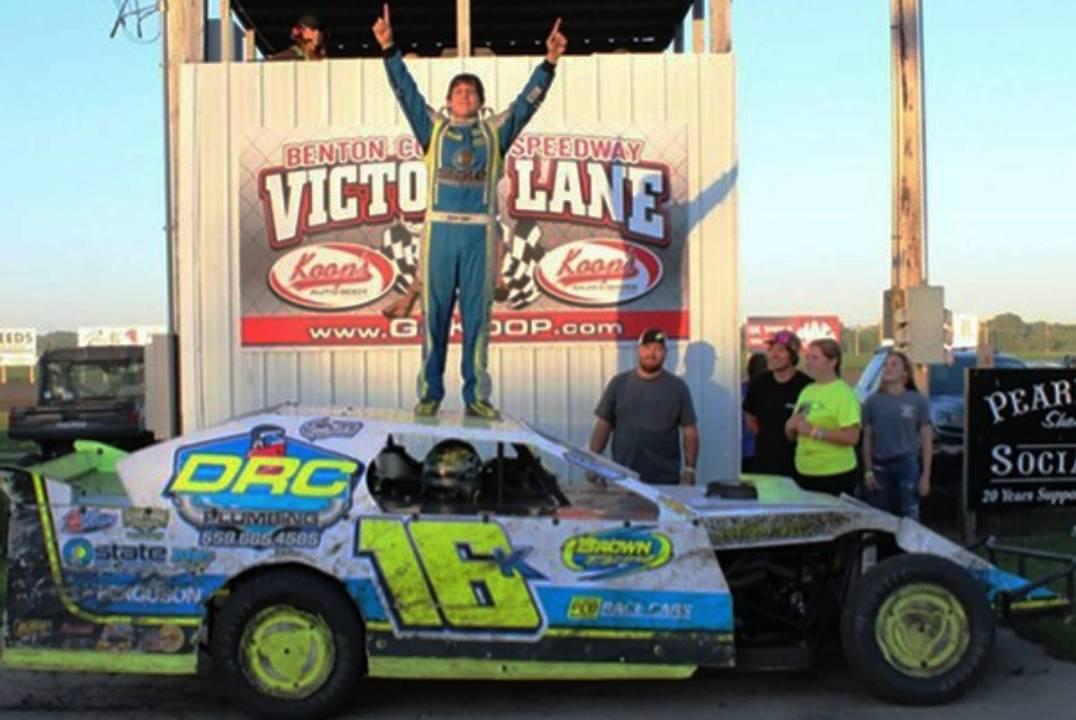 Kaylin Lopez celebrates atop his Friesen Performance IMCA Northern SportMod after earning his career first win in the division at Benton County Speedway June 23 during the Benton County Fair. (Photo by Jim Wittke)