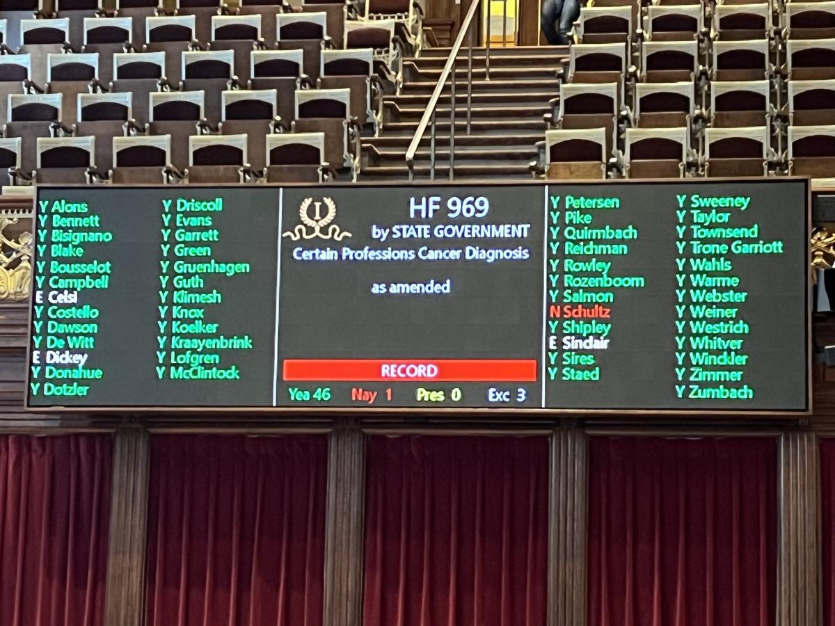 HF 969, the firefighters' cancer bill, passed the Iowa Senate this week!