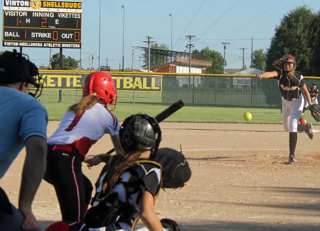 Alex Maynard pitches for V-S against N. Tama; she recorded the 'W' Tuesday at Grinnell.