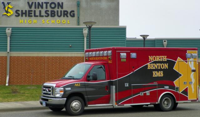 The new North Benton Ambulance is parked in front of the new VSHS sign Sunday during fund-raiser.