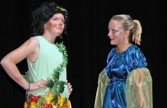 Puck (Aspen Auld) and First Fairy (Katie Hancock) meet in the opening scene.