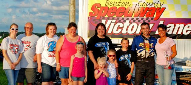 Austin Kaplin celebrates in Victory Lane again in Vinton after winning Sports Mod feature
