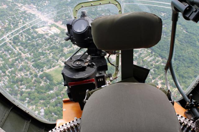 The view from the front of the B-17, where the bombardier viewed targets below.