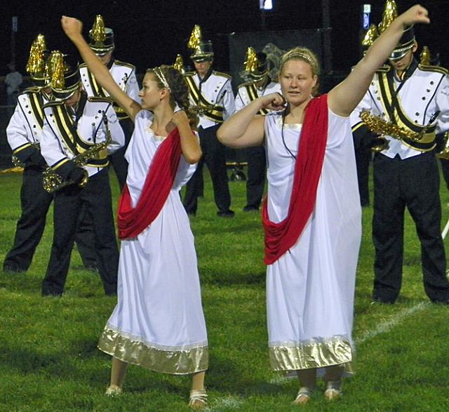 Drum Majors Emma Lippmann and Logan Halstead lead the VS band in its 'Gladiator' routine.
