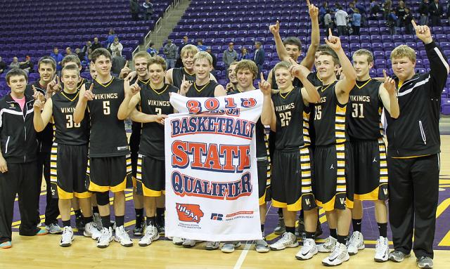 Vikings celebrate reaching State Tournament after Sub-State win Monday.