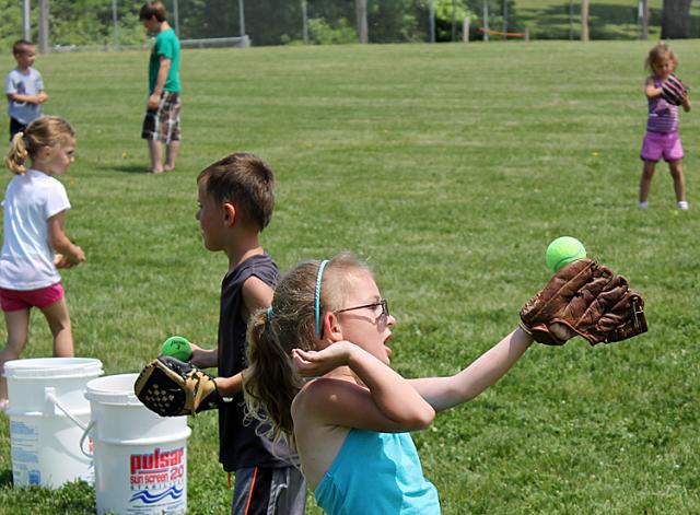 Children learned the basics of throwing and catching at the first session of VPRD Blastball.