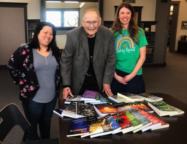 Author and former Vinton resident Joseph Steepleton presented the Vinton Public Library with a set of all of the books that he's written.