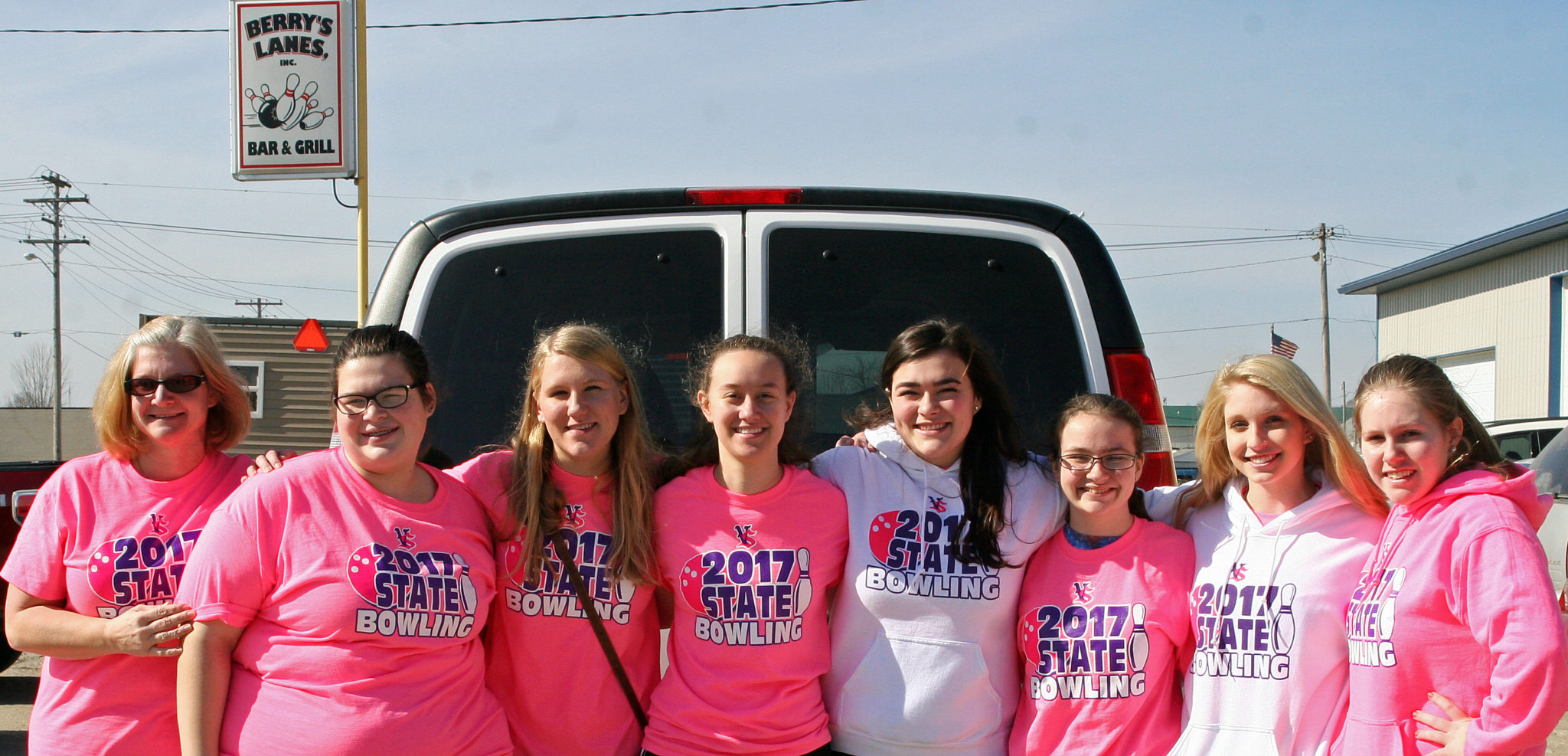 Vikette bowlers, from Left to right: Coach Amber Pattee, Jillian White, Madison Rippel, Connie Upmeyer, Korey Murdoch, Brianna Lundvall, Taylor Berry and Erin Wood.