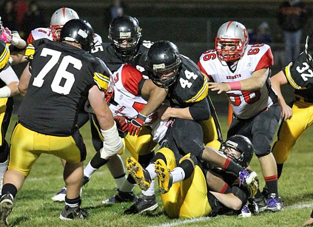 Gunner Tranel, the Class 3A leading tackler, helps stop Union's Wes Burnside Friday.