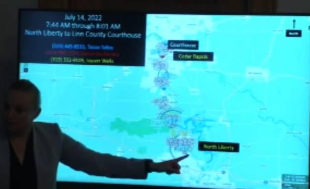 Special Agent Holly Witt demonstrates the ability to track cell phones in real time tracking phones traveling from Cedar Rapids to North Liberty