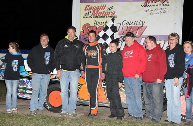 Troy Cordes, with family and crew, went to Victory lane after the Frostbuster Modified feature.