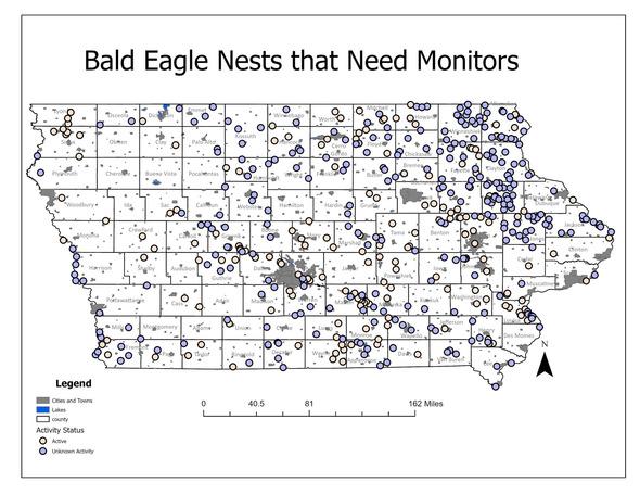 A map of bald eagle nests that need monitored