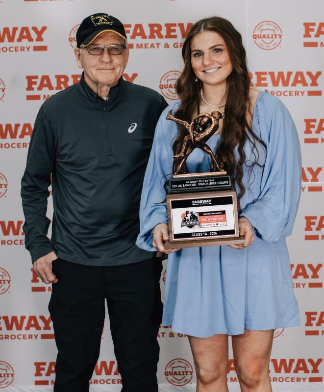 2026 Dan Gable Ms. Wrestler of the Year, Chloe Sanders with Dan Gable. Click to read article