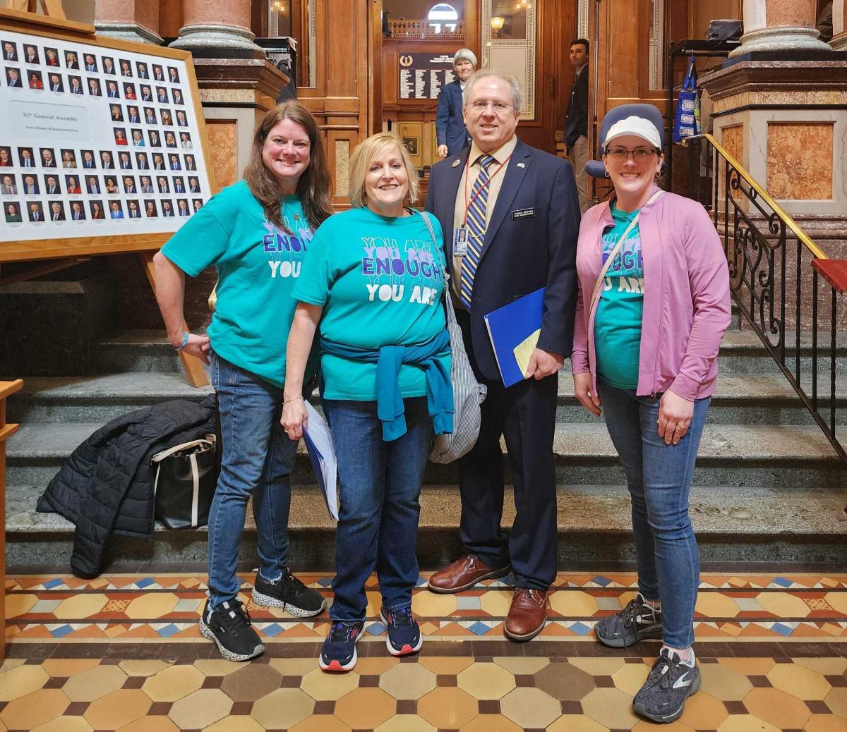 AFSP Members from Vinton Advocate for mental health bills. From left: Jen Rake, Julie Hessenius, Rep. Gerhold, and Holly Ollinger.