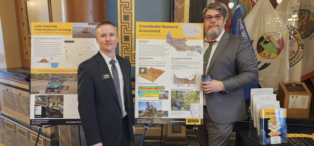 Steve Beck, right, of Belle Plaine, and Jason Vogelgesang with the Iowa Geological Survey display results of groundwater assessments near Belle Plaine.