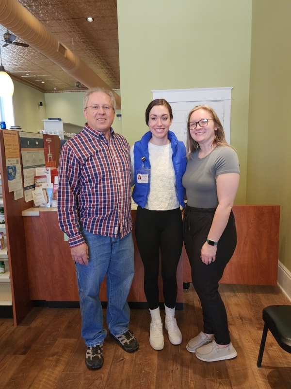 Rep Tom Gerhold meets with Pharmacist Kaitlyn Pegump Yeates and Pharmacy Tech Bre Johnston at the Towncrest Pharmacy in Belle Plaine on May 6th.