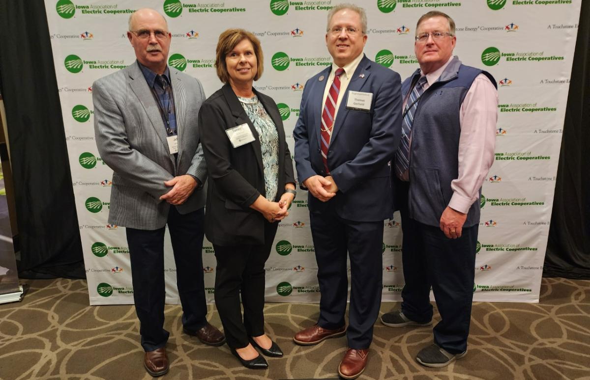 Gerhold meeting with East Central Iowa Assn. of RECs from left: Jeff Elliott, Teresa Floyd, Gerhold, and Gary McKenna