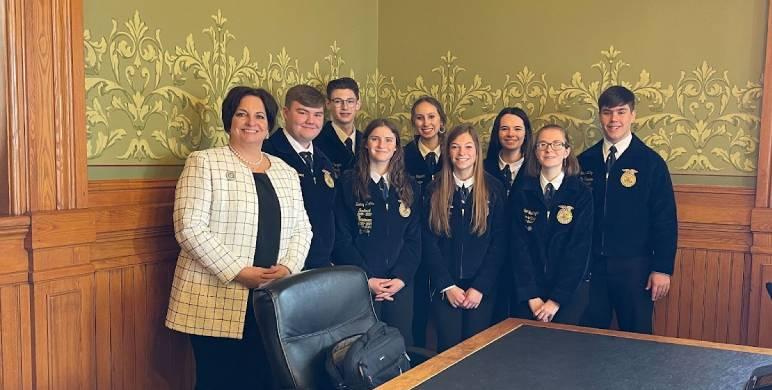 The Vinton-Shellsburg FFA Officer team pictured with Senator Dawn Driscoll at the Capitol