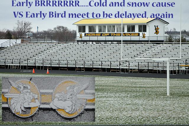 Early brrrr... Snow covered the ground and the Viking/Vikette sign at the VS athletic site Monday.