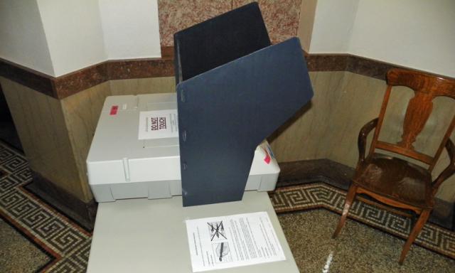 Sealed and ready, the automark machine (used by visually impaired voters), sits at a polling site.