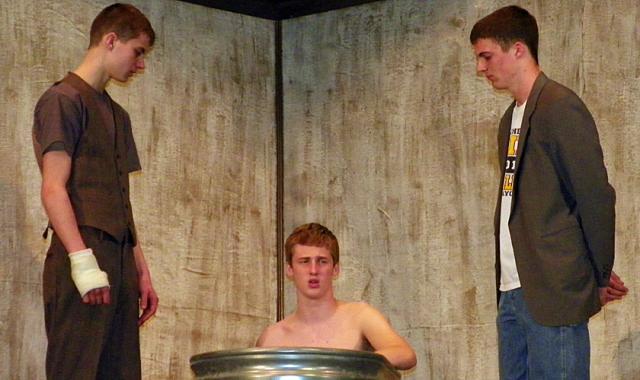 Wyatt Oltrogge, John Levis and Matt Walston rehearse for 'Elephant Man.'