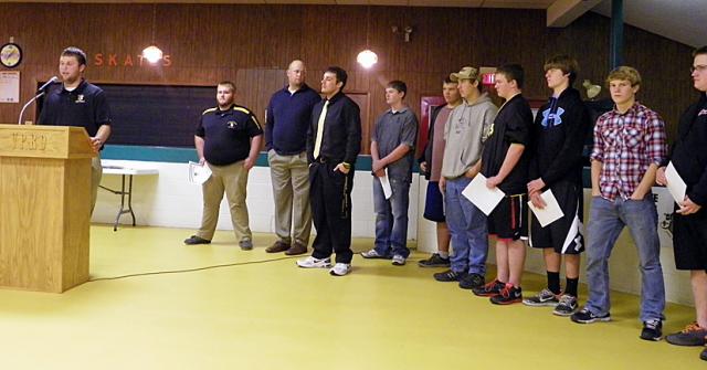 Freshman Coach Tony Stenberg congratulates his team on their 7-2 season during the wrap-up.