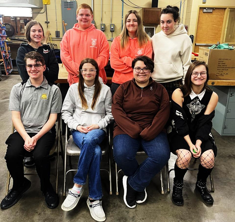 V-S FFA - Experience the Action made a Junior High recruitment skit for their competition. Back Row: Abbie Osborn, Braedon Hepker, Amber Deklotz, Harley Hinshaw. Front Row: Brody Waters, Carlie Clark, Sam Lundvall, and Maliah Parker.
