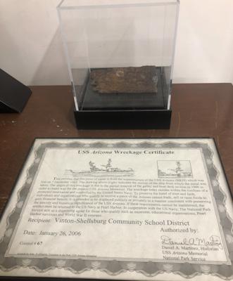 An armor piece of the USS Arizona secured by the Vinton-Shellsburg School from the National Park Service and USNavy in 2006