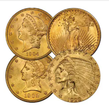 Pictured are pre-1933 Gold coins that can be found at your local coin shop along with other coins and small bars