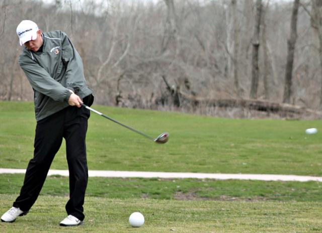 Daniel Ervin tees off to begin the Vinton-Benton golf dual at the Vinton Country Club on Tuesday.