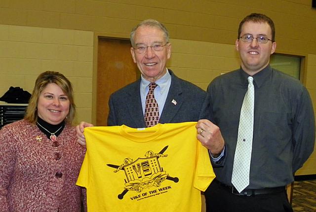 VSHS teachers Kelly Steffen and Kyle Engdahl with Sen. Charles Grassley.
