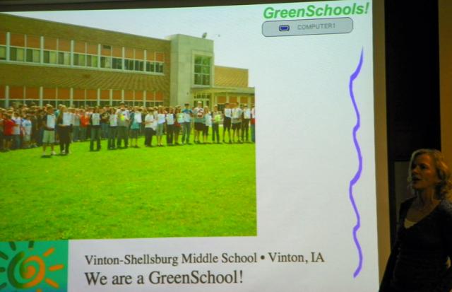 VSMS teacher Jennifer Hancock tells the School Board about the Green School designation at VSMS.