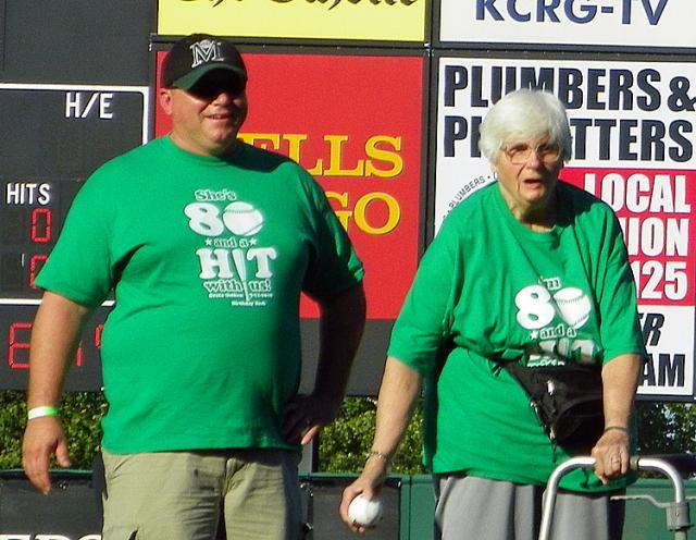 Gretta Geiken threw out the first pitch during Vinton night -- and her 80th birthday
