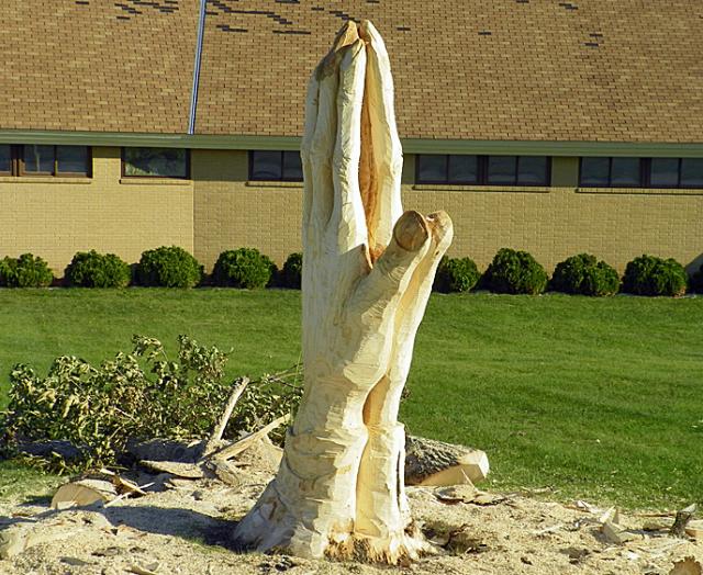 The storm made this tree at First Christian Church a stump; Brian Parr made it a symbol of faith.