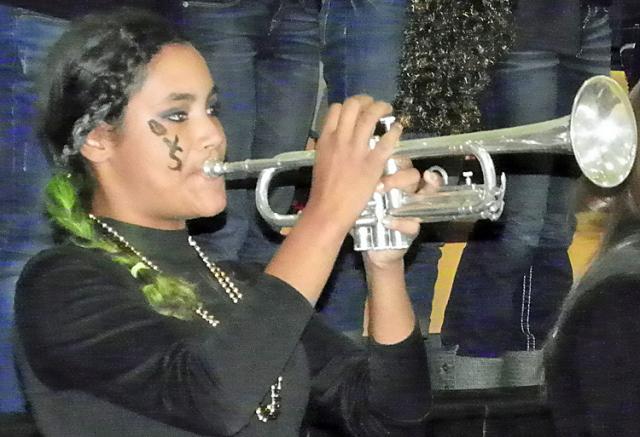Cheyenne Barnes joins the VSHS Band in playing the school fight song.