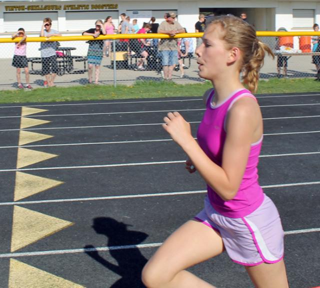 Gracie Horst runs the 1600 during the Hershey Track Meet Tuesday.