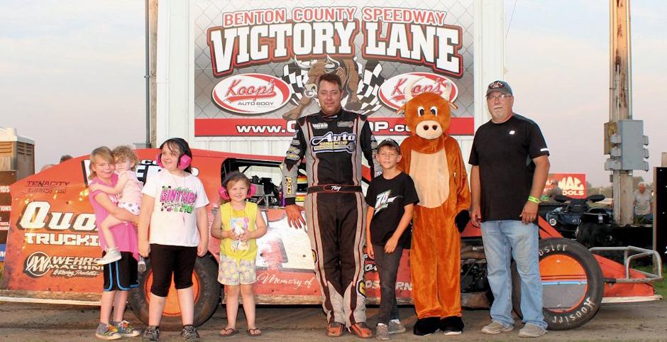 Troy Cordes raced to his 5th IMCA Modified win this season on Sunday at Benton Co. Speedway (Wittke)