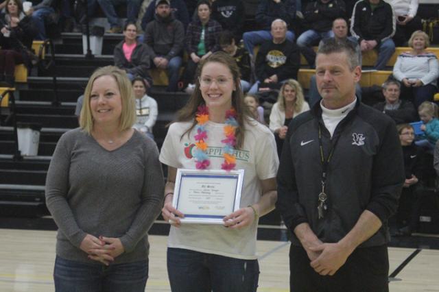 (L-R): V-S girls' track coach Heather Kalous, Lauren Upmeyer, V-S throwing coach Jim Womochil