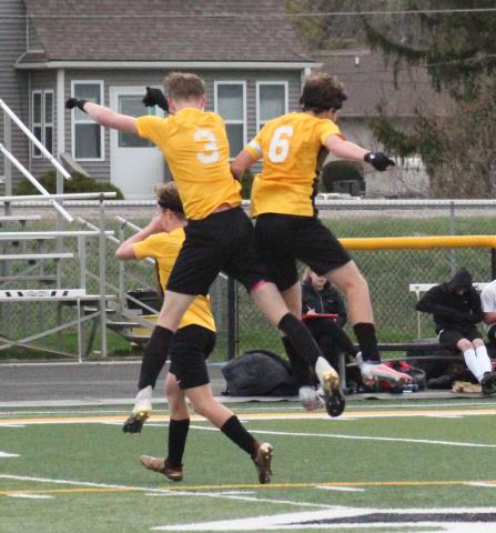 CJ Rickels (3) and David Lapan-Islas (6) celebrate a goal