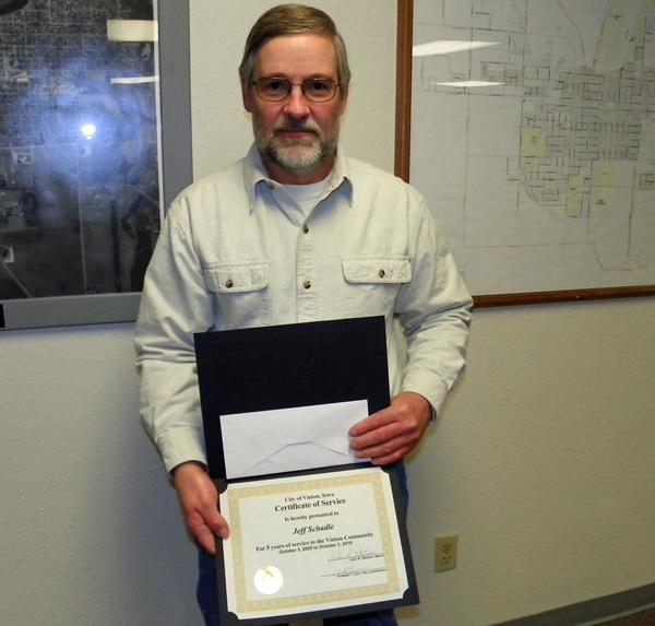 Arborist Jeff Schadle was honored for 5 years of service.