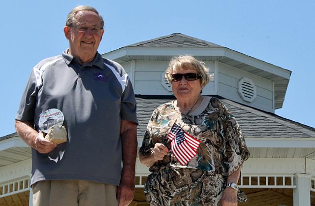 Celebration Park dedication: John & Dottie Anderson view the river wall with the gazebo behind them.