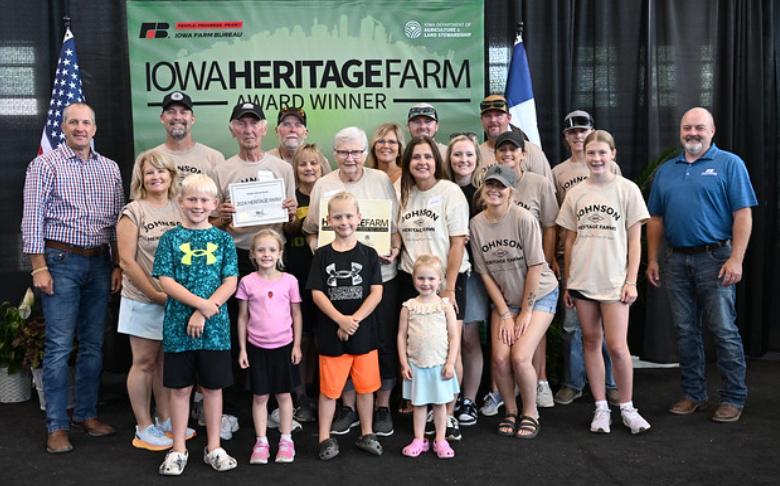 The Donald Johnson Family celebrated 150 years of ownership at the Iowa State Fair earning them Heritage Farm Recognition