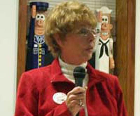 Joyce Pence speaks during a Shellsburg candidates forum; the Mayor-Elect died Dec. 23.
