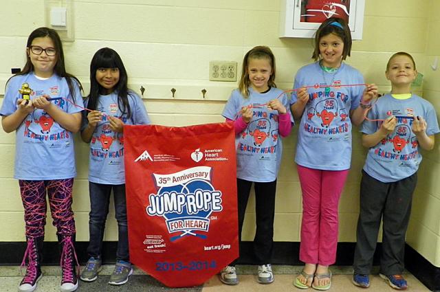 Kaity, Angela, Maggie, Abby and Ian were the top fund-raisers for the Jump Rope for Heart event.