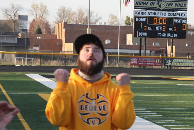 Viking head coach Kyle McAbee reacts as the clock hits zero Thursday night.
