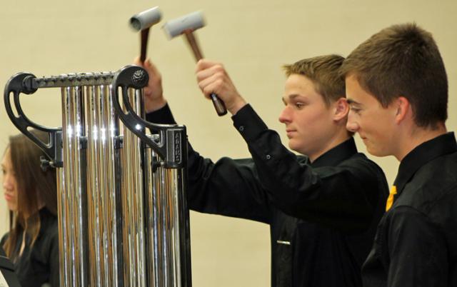 Kyle Schemmel plays the chimes with the VSHS band.