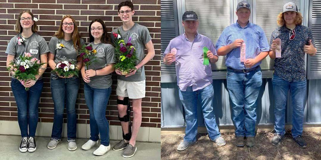 Rachel Rollinger, Izzie Birker, Megan Schlitter, and Paul Herger created various arrangements for the team event at State Floriculture. Clayton McKenna, Andrew Pingenot, and Kail Evans find success at District Livestock Judging.